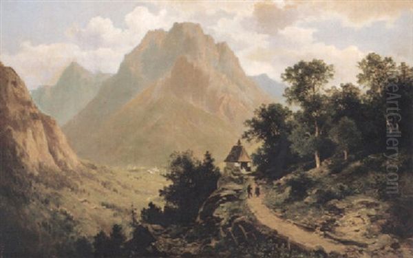 Gebirgslandschaft Mit Einer Kapelle Und Einem Dorf In Der Ebene Oil Painting by Anton Pick