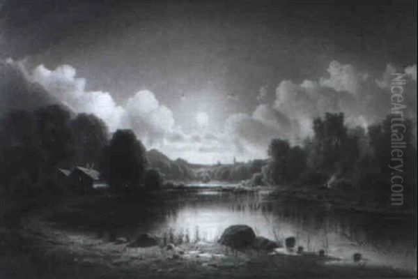 Nachtliches Lagerfeuer Am Weiher Oil Painting by Anton Pick