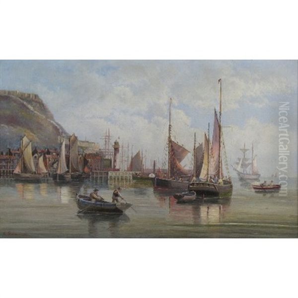 Busy Harbour Scene With Boats And Figures Oil Painting by Louise Pickard