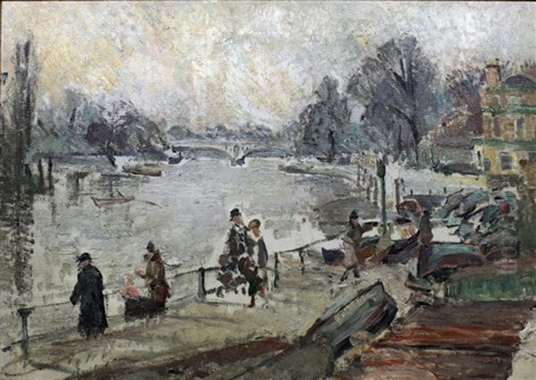 The Thames At Richmond - River Scene With Figures And Boats To Foreground And Road Bridge To Background Oil Painting by Louise Pickard