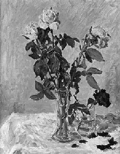 Stilleben - Zwei Vasen Mit Rosen Oil Painting by Ernst Pickardt