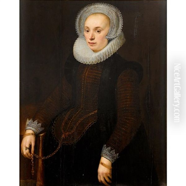 Portrait Of A Lady, Three-quarter Length, With Molensteenkraag, White Lace Collar And White Lace Headdress Oil Painting by Nicolaes Eliasz Pickenoy