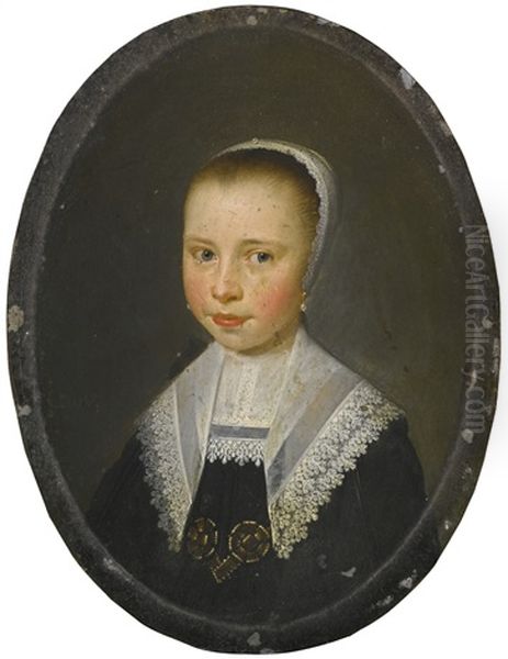 Portrait Of A Girl, Half-length, In A Black Dress With Lace Cap And Collar, Wearing Pearl Earrings Oil Painting by Nicolaes Eliasz Pickenoy