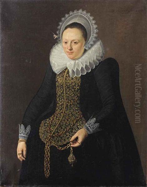 Portrait Of A Lady In A Black Dress With White Lace Collar And Lace Headdress Oil Painting by Nicolaes Eliasz Pickenoy