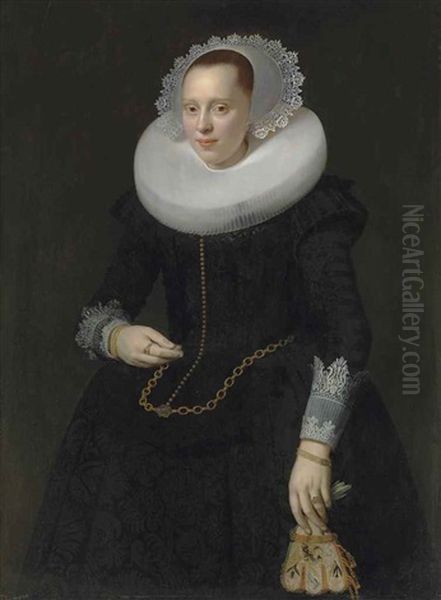 Portrait Of A Lady, Three-quarter-length, In A Black Embroidered Dress, Ruff And Lace Cuffs, Holding A Pair Of Embroidered Gloves Oil Painting by Nicolaes Eliasz Pickenoy