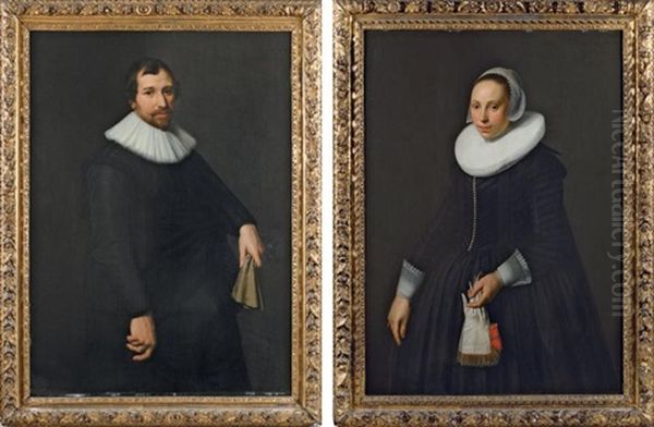 Portrait D'homme De Trois-quarts Vers La Gauche, En Habit Noir Et Collerette, Tenant Des Gants Dans La Main Gauche (+ Portrait De Jeune Femme De Trois-quarts Vers La Droite, Coiffee D'un Bonnet De Dentelle Et Portant Une Large Fraise Tuyautee Sur Une Robe Oil Painting by Nicolaes Eliasz Pickenoy