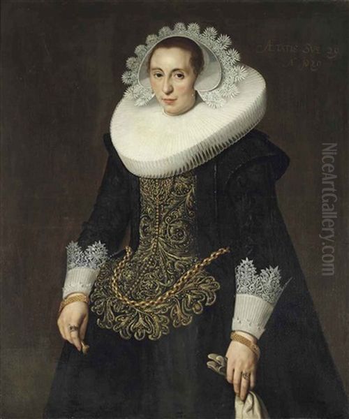 Portrait Of A Lady, Three-quarter-length, In A Golden Embroidered Dress With A White Lace Collar And A White Lace Cap, With Two Golden Bracelets And Rings Oil Painting by Nicolaes Eliasz Pickenoy