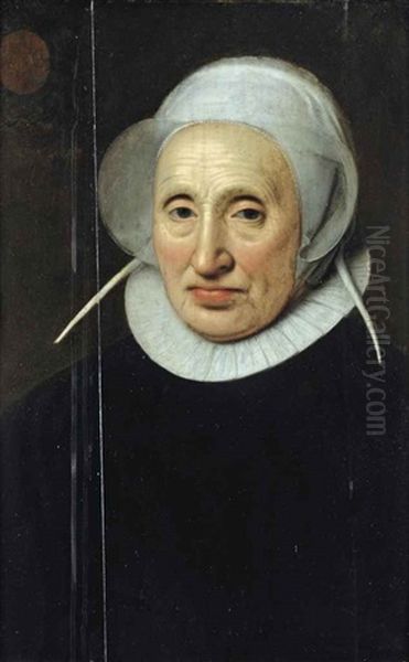 Portrait Of Cristina Brunt, Half-length, In A Black Dress With A White Collar And A White Lace Cap Oil Painting by Nicolaes Eliasz Pickenoy