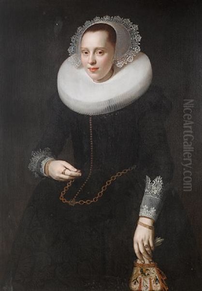 Portrait Of A Lady, Standing In A Black Dress And White Collar, Holding A Glove Oil Painting by Nicolaes Eliasz Pickenoy