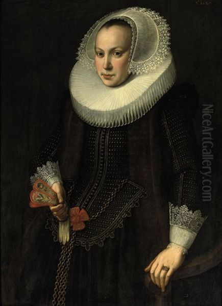 Portrait Of A Young Lady In A Gold Embroidered Black Dress With Fur Lining, A Molensteenkraag And A Lace Headdress And Cuffs Oil Painting by Nicolaes Eliasz Pickenoy