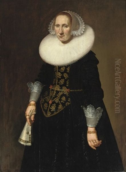 Portrait Of A Lady,  In A Gold Embroidered Black Dress With Lace Cuffs And A Molensteenkraag Oil Painting by Nicolaes Eliasz Pickenoy