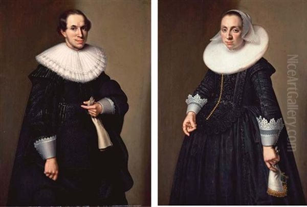 Portrait Of A Gentleman In A Ruff Collar And Black Silk Doublet (+ Portrait Of A Lady In A Ruff Collar And Black Silk Dress; Pair) Oil Painting by Nicolaes Eliasz Pickenoy