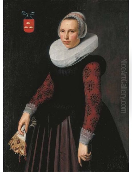 Portrait Of A Lady, Alijdt Fransdr. Boon (?), In A Dress With A Black Velvet Bodice, Red Silk Sleeves And White Lace Cuffs, A White Pleated Molenkraag And A Lace Bonnet Oil Painting by Nicolaes Eliasz Pickenoy