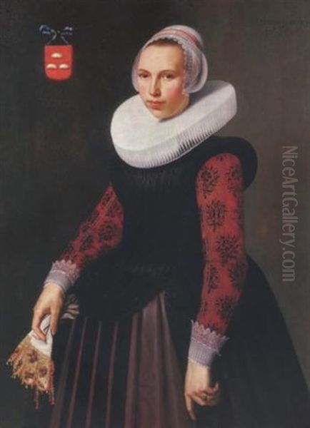 Portrait Of A Lady (alijdt Fransdr. Boon?), In A Dress With A Black Velvet Bodice, Red Silk Sleeves And White Lace Cuffs, A White Pleated Molenkraag And A Lace Bonnet, A Pair Of Gloves In Her Hand Oil Painting by Nicolaes Eliasz Pickenoy