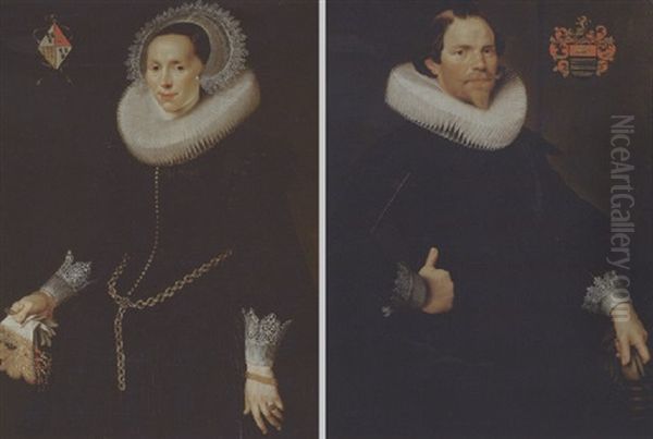 Portrait Of Pieter Van Son In A Black Doublet And Cloak With A White Ruff, His Hat On A Table Beside Him Oil Painting by Nicolaes Eliasz Pickenoy