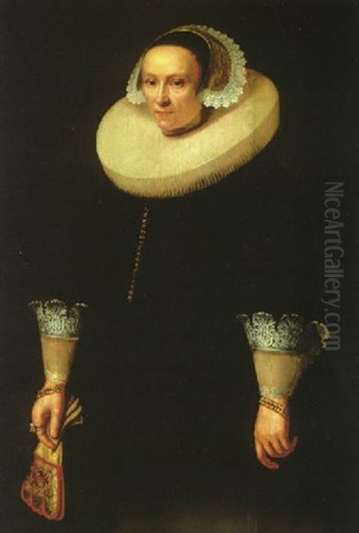 Portrait Of A Lady Wearing A Black Embroidered Dress, A White Ruff And A Lace Bonnet, Holding A Pair Of Gloves Oil Painting by Nicolaes Eliasz Pickenoy