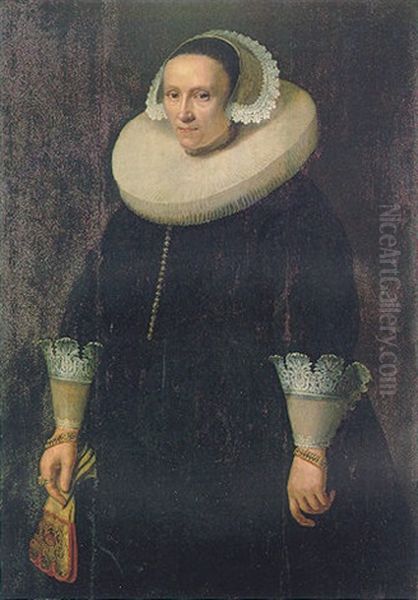 Portrait Of A Lady, Wearing A Black Embroidered Dress, A White Ruff And A Lace Bonnet, Holding A Pair Of Gloves Oil Painting by Nicolaes Eliasz Pickenoy