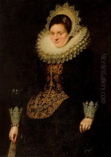 Portrait Of A Lady In A Gold-embroidered Black Dress With A Ruff And Head-dress Oil Painting by Nicolaes Eliasz Pickenoy