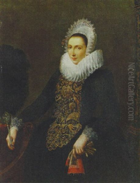 Portrait Of A Lady, Holding An Ostrich Feather Fan And A Pair Of Gloves by Nicolaes Eliasz Pickenoy