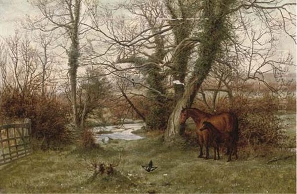 A Mare And Foul In A Paddock Beside A Stream Oil Painting by Joseph Langsdale Pickering