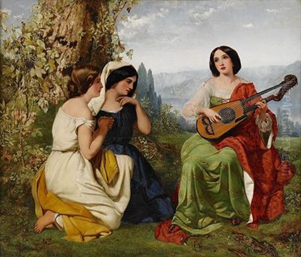 A Romantic Scene With Girl Playing Lute Oil Painting by Frederick Richard Pickersgill