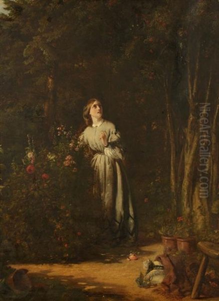 A Study Of A Young Woman In A Garden Oil Painting by Henry William Pickersgill