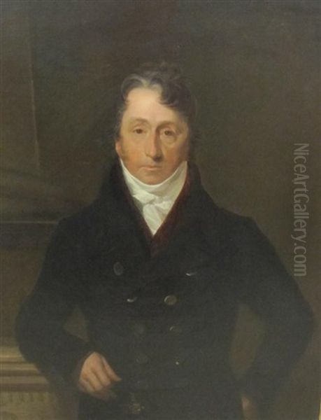 Portrait Of John Becher (1766-1830), Of Chancellor House, Tunbridge Wells, Tunbridge Wells, Half Length, In A Black Coat, Red Waistcoat And White Stock, Resting His Arm On A Plinth Oil Painting by Henry William Pickersgill