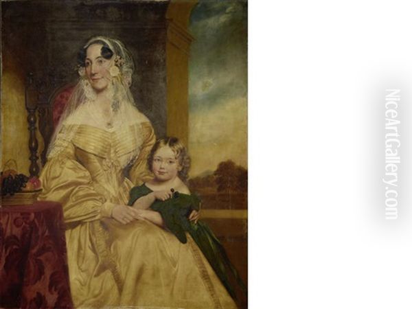 Portrait Of A Lady, Thought To Be Lady Anne Clegg-hill, In A Gold Dress, With Her Unbreeched Son, Later The 3rd Viscount Hill, By Her Side Oil Painting by Henry William Pickersgill