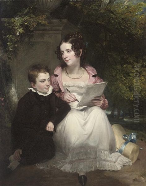 Portrait Of A Brother And Sister, She In A White Dress And Pearl Necklace, He In A Black Suit, Seated By A Plinth Oil Painting by Henry William Pickersgill