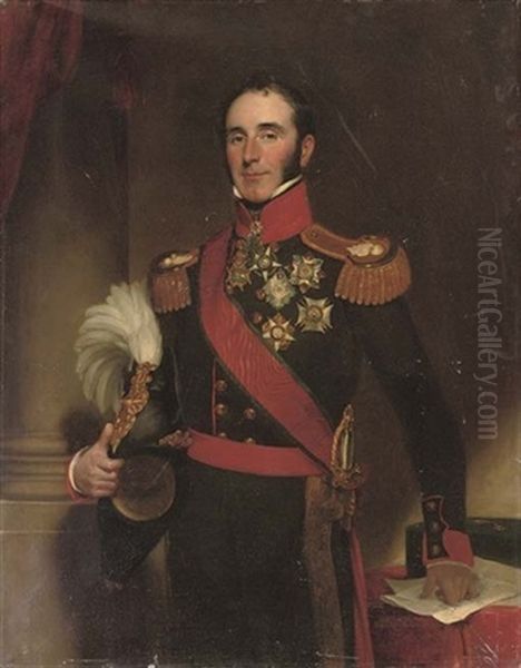 Portrait Of Sir John Conroy, 1st Bt. Standing In The Uniform Of The Royal Artillery, Holding A Plumed Helmet In His Right Hand Oil Painting by Henry William Pickersgill