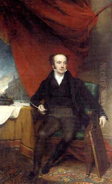 Portrait Of John Thomas Barber Beaumont In A Black Coat By A Table With An Inkstand And Documents, The County Fire Hall Beyond Oil Painting by Henry William Pickersgill