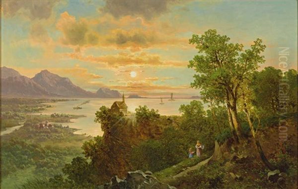 Sonnenaufgang Bei Bregenz Vorarlberg. Blick Vom Pfander Uber Den Gebhardsberg Mit Kapelle Auf Den Abendlichen Bodensee Oil Painting by Anton Pickert