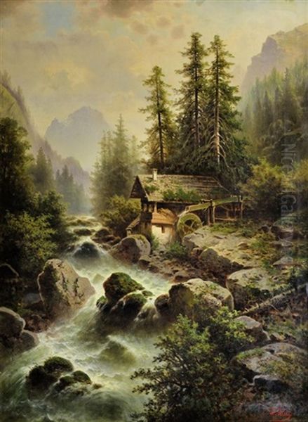 Waldmuhle Mit Wasserfall Im Bayerischen Hochgebirge Oil Painting by Anton Pickert