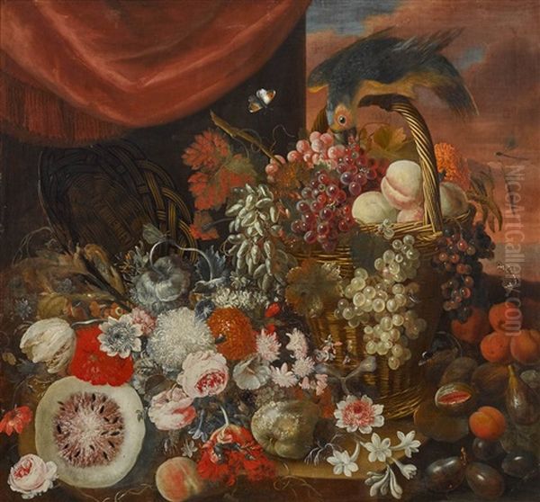 Stillleben Mit Fruchten Und Blumen, Einem Papagei Und Schmetterlingen Oil Painting by Johann Georg Pickhardt the Elder