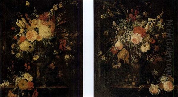 Mixed Flowers In Urns On Ledges Oil Painting by Johann Georg Pickhardt the Elder