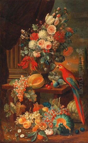 A Fruit And Flower Still Life With A Parrot Oil Painting by Heinrich Christoph Pickhardt