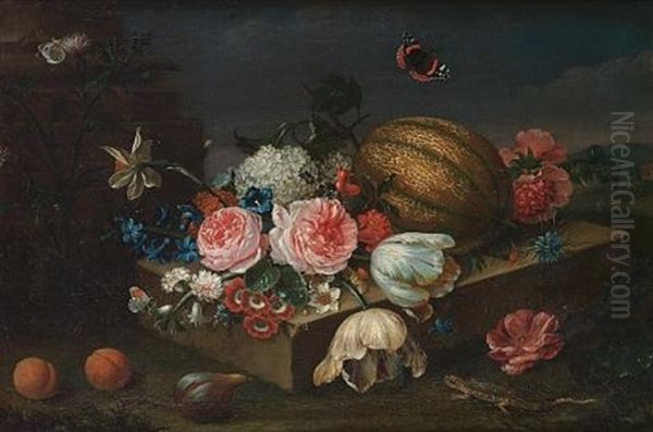 Roses, Carnations, Narcissi, Convolvulus, Tulip And Other Flowers With A Melon On A Stone Ledge With A Fig And Two Peaches, A Lizard And Butterflies Oil Painting by Heinrich Christoph Pickhardt