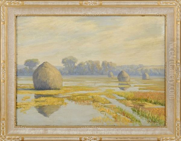 Marsh With Haystacks. Trees In The Distance Oil Painting by George W. Picknell