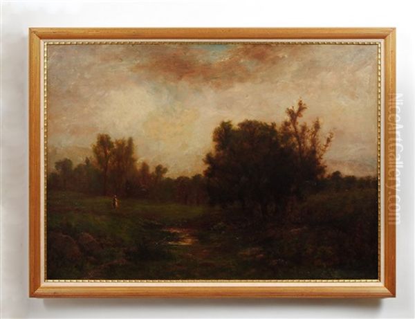 Landscape With Brook And Figure Oil Painting by George W. Picknell