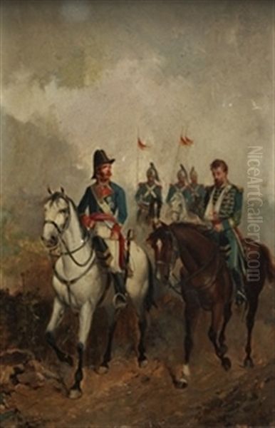 Militares A Caballo Oil Painting by Manuel Picolo Y Lopez