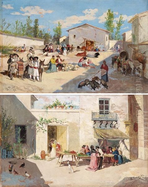 Mercado De Valencia Und Pareja, Place De Ariella (pair) Oil Painting by Manuel Picolo Y Lopez