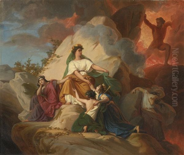 Cybele Opposing Vesuvius To Protect The Cities Of Stabia, Herculaneum, Pompeii And Resina: A Sketch Oil Painting by Francois Edouard Picot