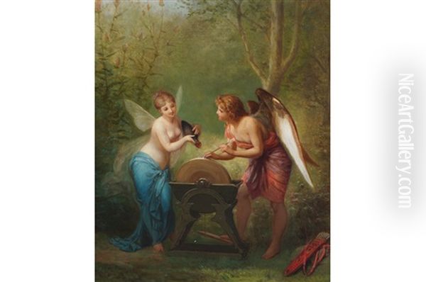 Cherubs Sharpening Their Arrows Oil Painting by Henri Jean Picou