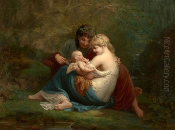 Jeune Couple Drape A L'antique Bercant Un Amour Dans Un Sous-bois Oil Painting by Henri Pierre Picou