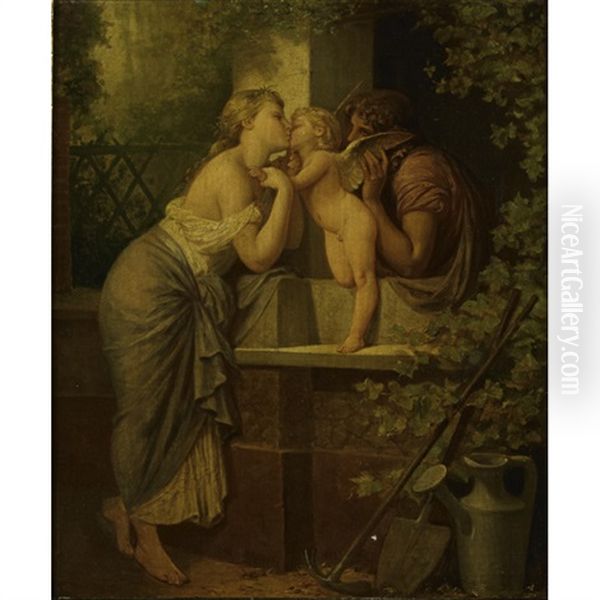 Cupid And A Young Couple Oil Painting by Henri Pierre Picou