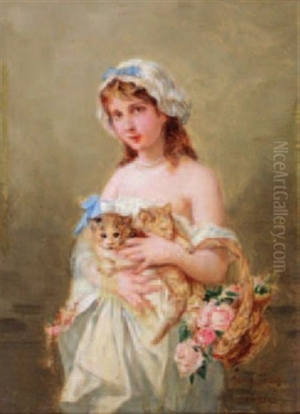 Jeune Fille Aux Chatons Et Au Panier De Roses by Henri Pierre Picou