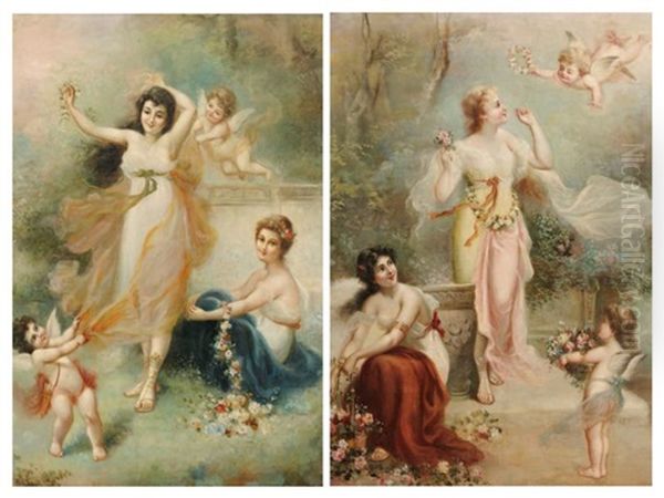 Jeunes Filles Aux Fleurs Et Putti (2 Works) Oil Painting by Henri Pierre Picou