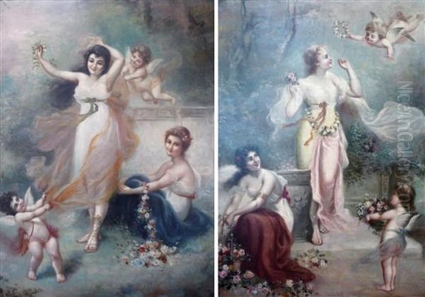 Jeunes Filles Aux Fleurs (+ Putti; 2 Works) Oil Painting by Henri Pierre Picou