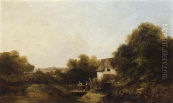 An Angler On A Bridge Before A Cottage Oil Painting by Henry Clarke Pidgeon