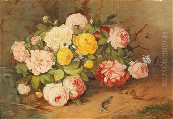 Roses On The Forest Floor With Lizard And Butterfly by Franz Xaver Pieler